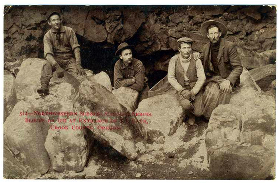Another 1910s postcard, this one in black-and-white, shows Crook County men getting large blocks of ice out of a Central Oregon cave.
