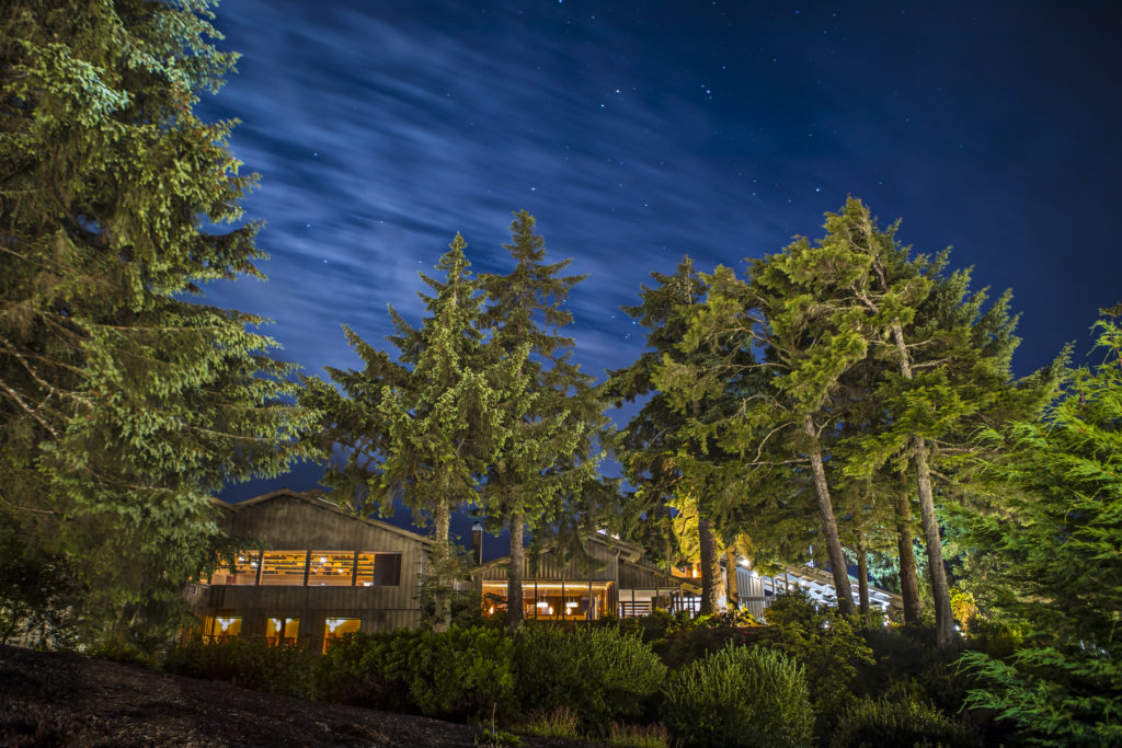 The exterior of Salishan Coastal Lodge at night under the stars with towering trees