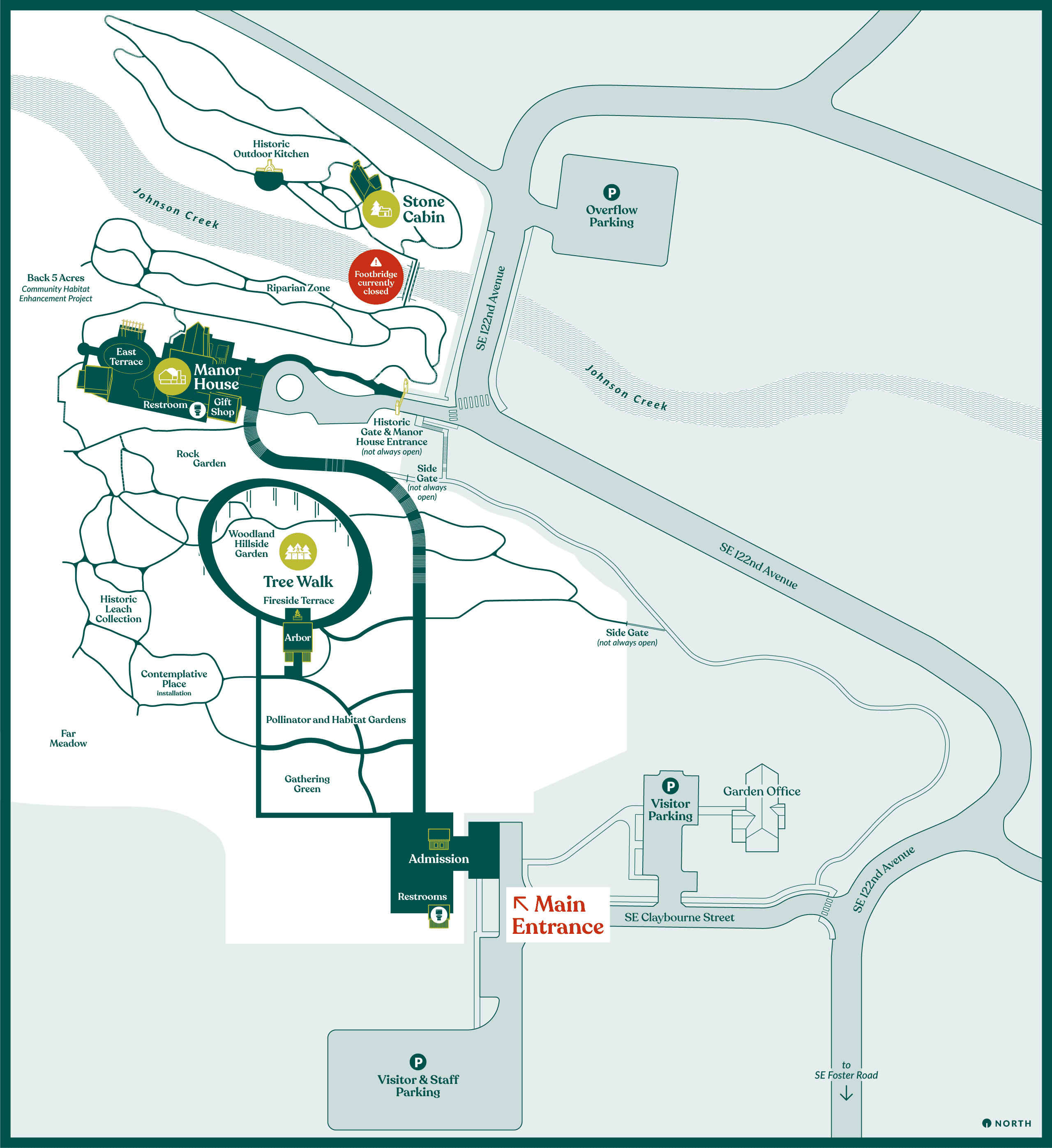 A map of the Leach Botanical Gardens and parking areas
