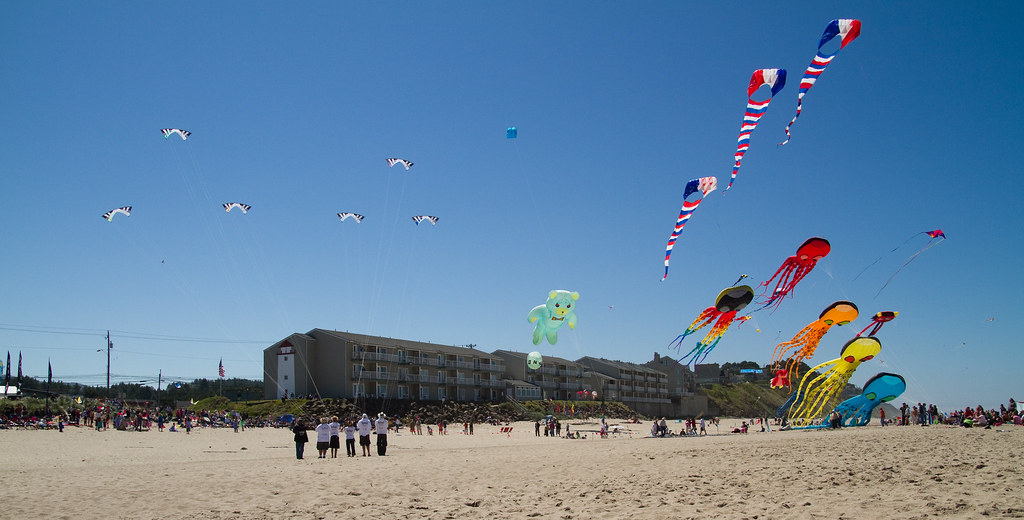 Huge kites flying on the beach in Lincoln City Oregon