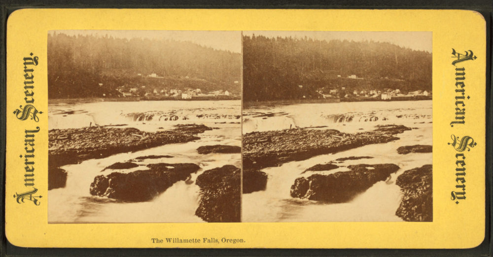 sepia stereoscopic image of willamette falls and Oregon city circa 1900