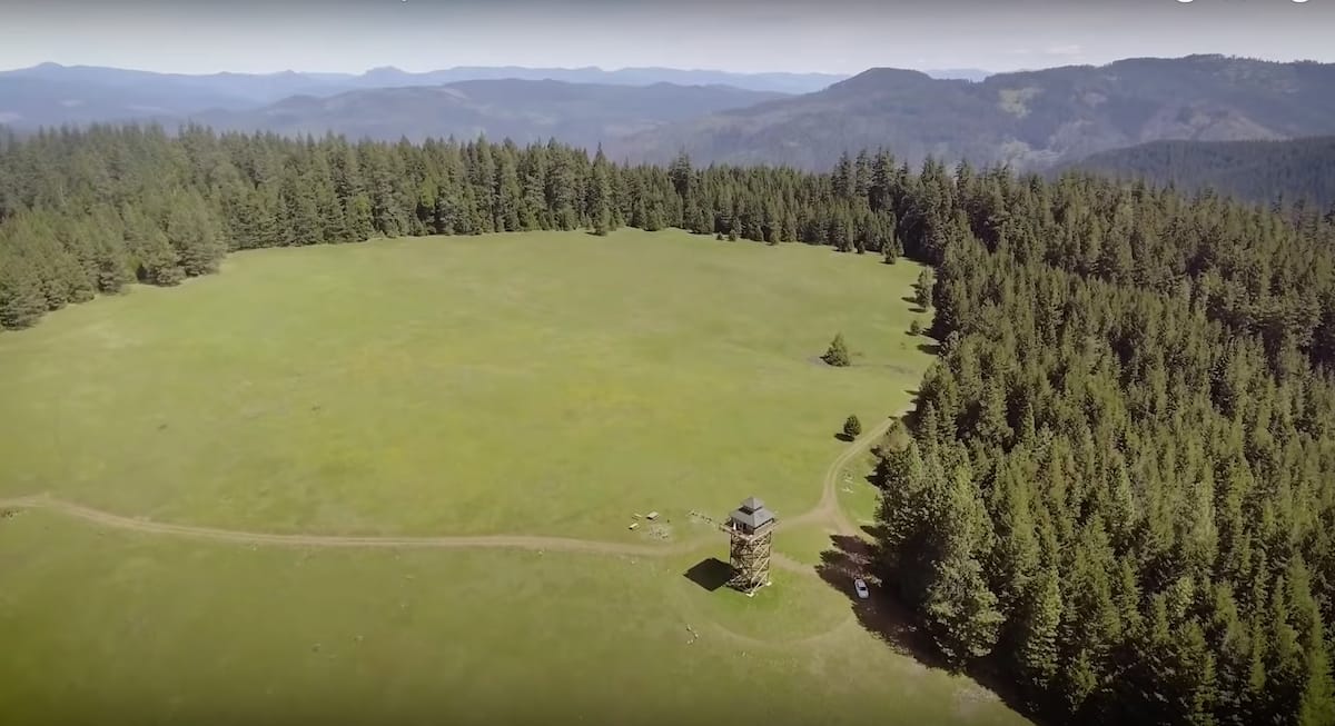 An aerial view of the meadow and lookout tower airbnb in Oregon