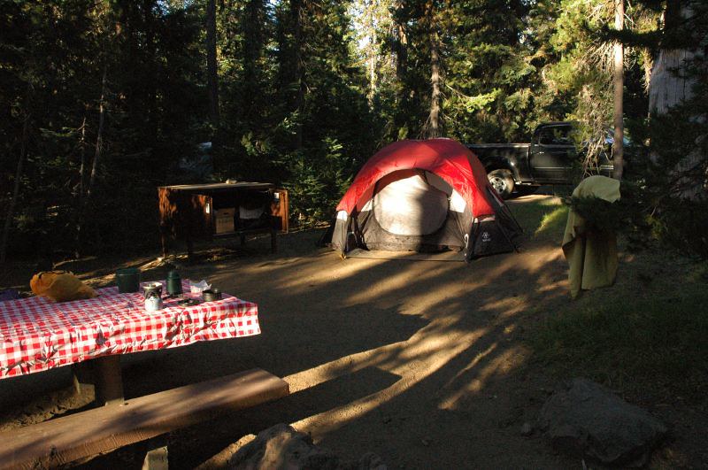 Crater Lake Camping At Mazama Campground. A tent and picnic table.