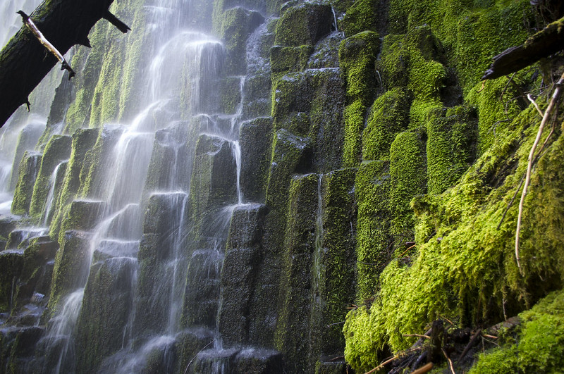An up close of water cascading over Proxy Falls.