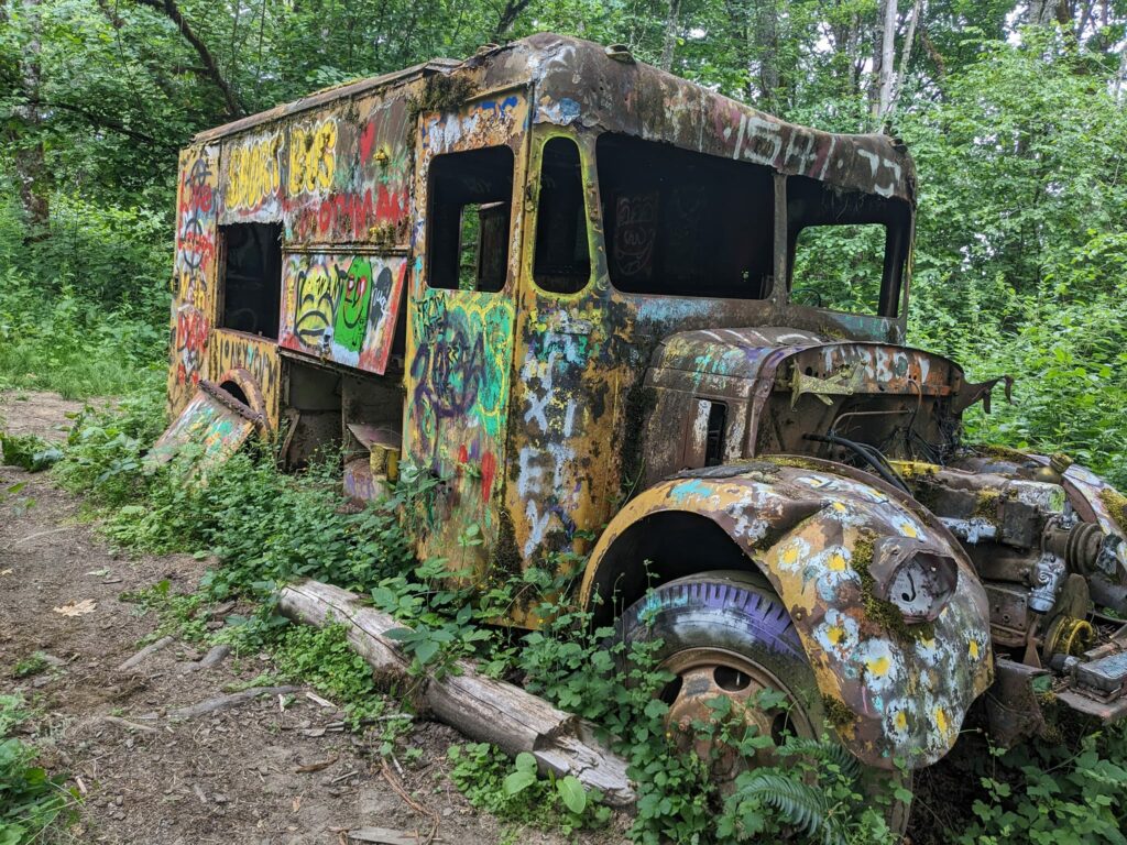 An old colorful rusted out truck surrounded by greenery and trees.