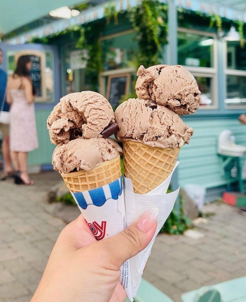 A hand holds two chocolate chip ice cream cones up in front of Mike's Ice Cream.