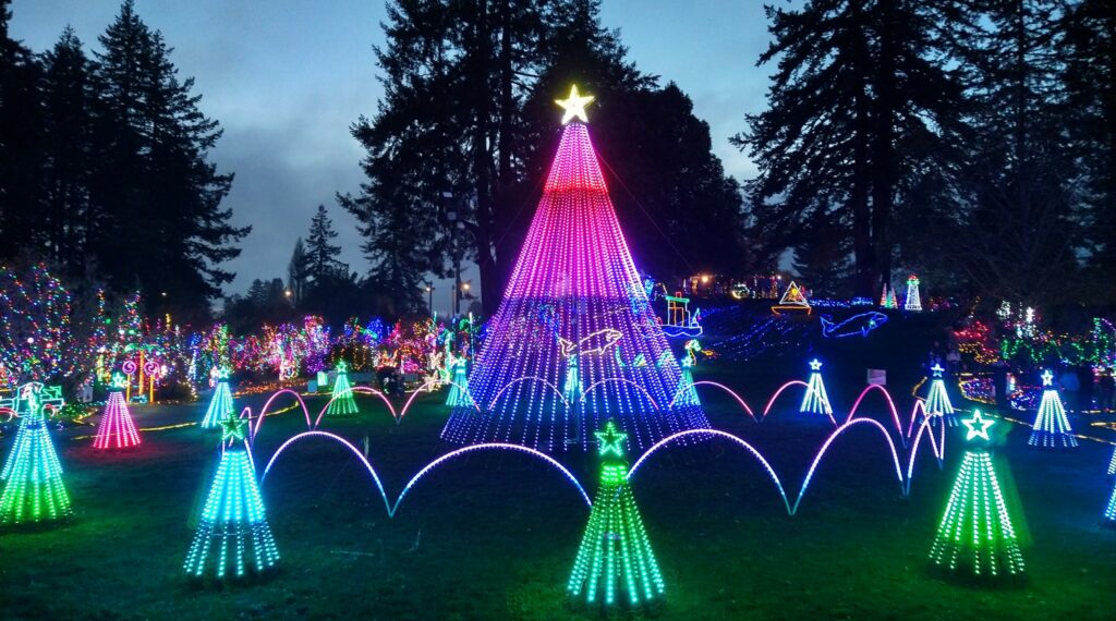 Colorful Christmas lights in the shape of a large Christmas tree, and several smaller Christmas trees in a circle around it.  Other Christmas light displays light up the background.