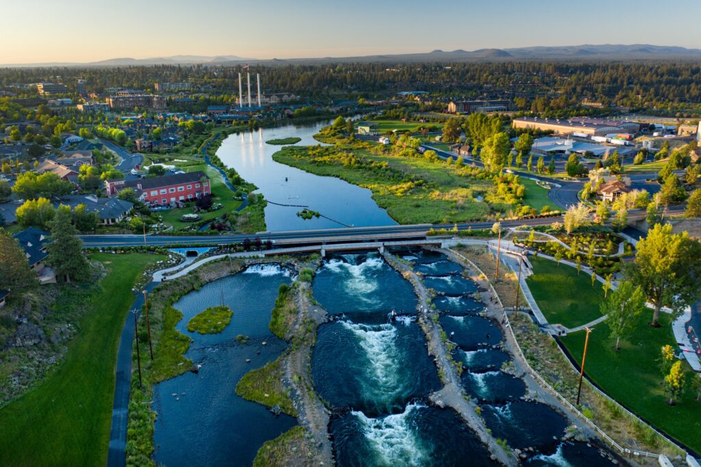 An aerial view of the Old Mill District.