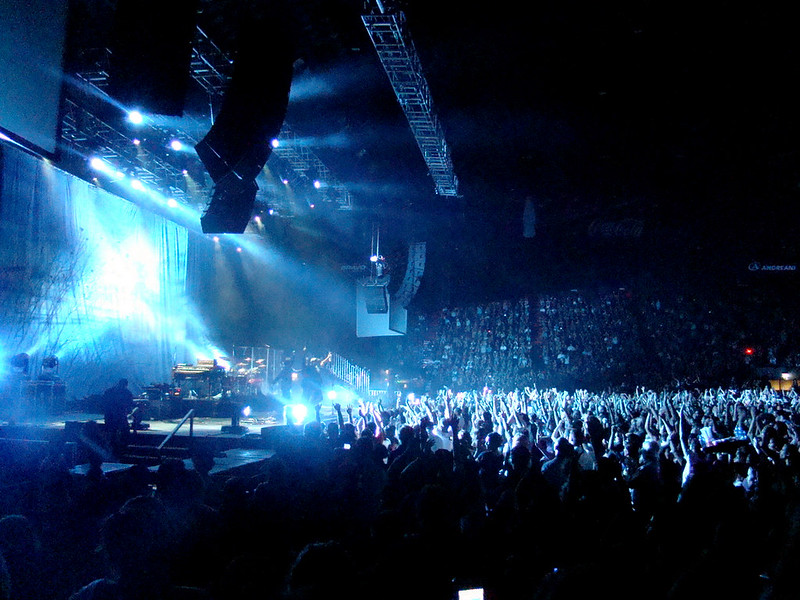 Alanis Morissette concert in Argentina in 2009. Thousands of people in the audience watch the concert.