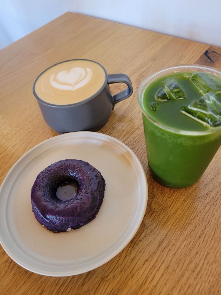 Matcha, donut, latte